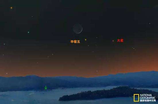 4月28日,橘红色的毕宿五与月亮再次与火星一同出现。
插图:A.FAZEKAS, SKYSAFARI