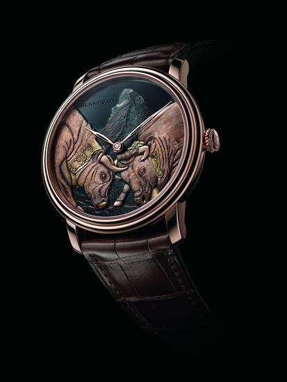 宝珀Blancpain Métiers dArt艺术大师工作室“双牛争王”腕表,售价1216500元,限量1枚。