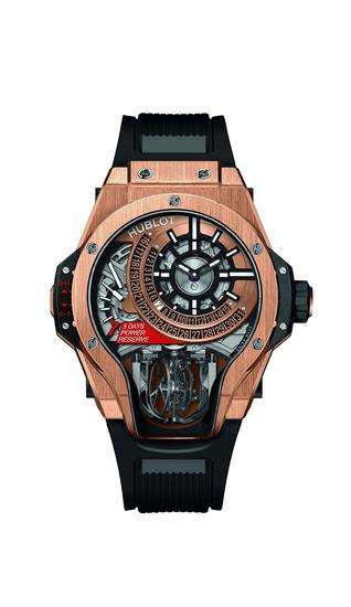 HUBLOT宇舶表传世之作MP-09双轴陀飞轮腕表,售价钛金款1124300元(限量50枚),王金款1405200元(限量20枚)。