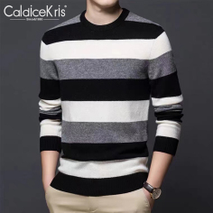 CaldiceKris （中国CK）秋冬羊毛衫男装黑白条纹撞色羊绒男士圆领打底针织毛衣CK-FSA2175